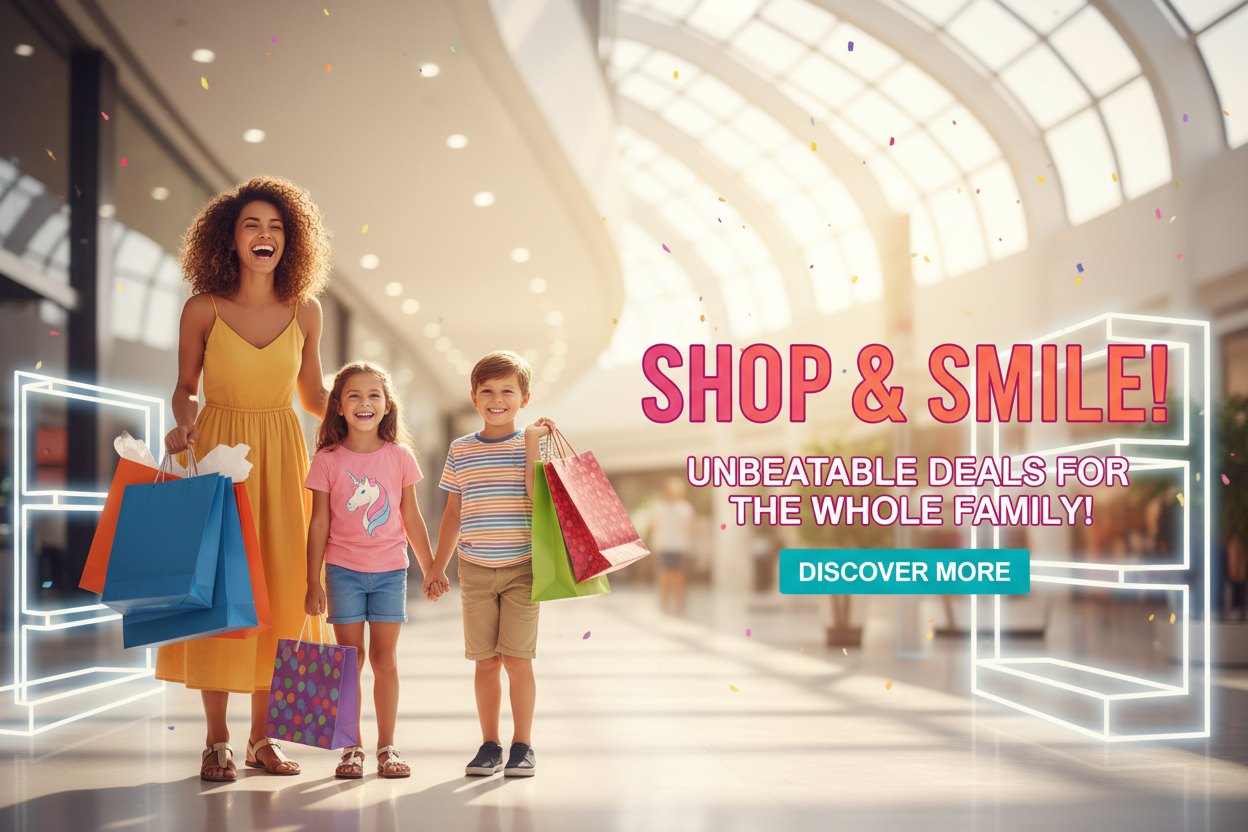 sales banner showing image of lady with two child having shoping bags in hands 